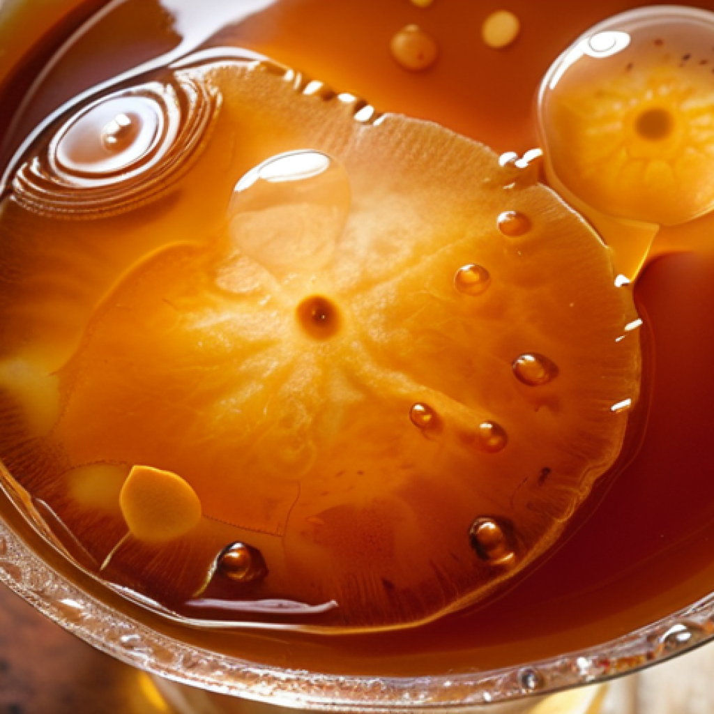 **Close-up of a SCOBY floating in sweet tea, vibrant and alive, with bubbles and a healthy, growing pellicle. Warm, inviting lighting.**