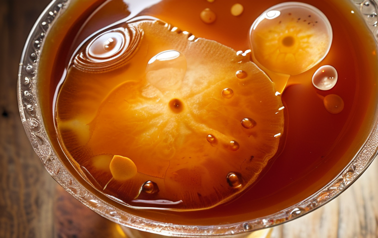 **Close-up of a SCOBY floating in sweet tea, vibrant and alive, with bubbles and a healthy, growing pellicle. Warm, inviting lighting.**